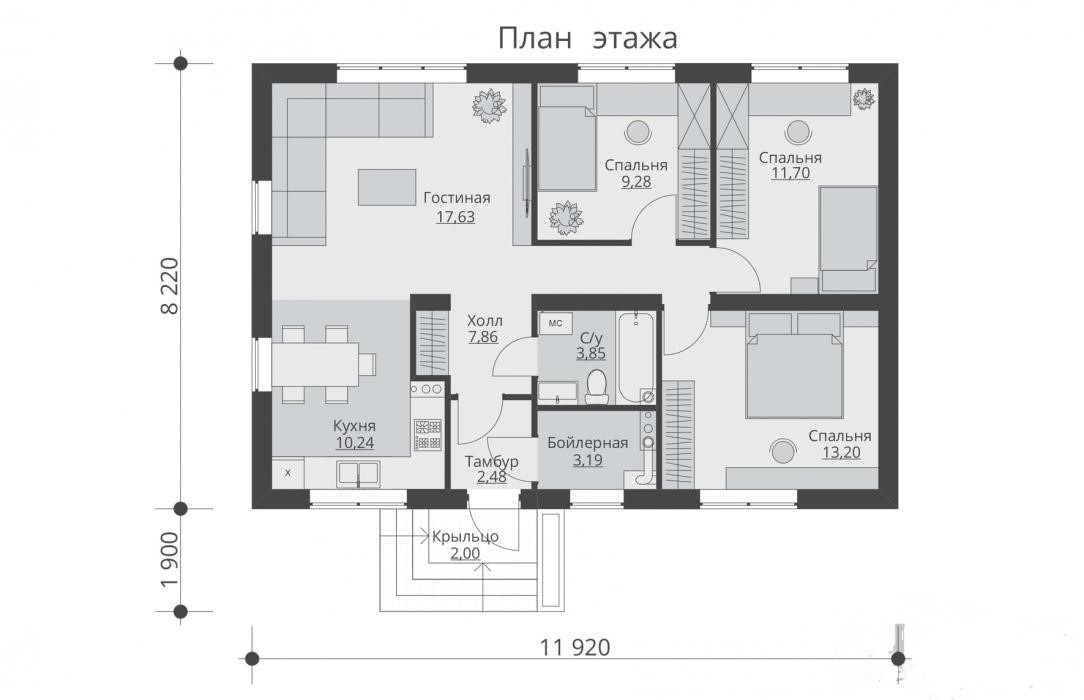планировка одноэтажного дома с 3 спальнями