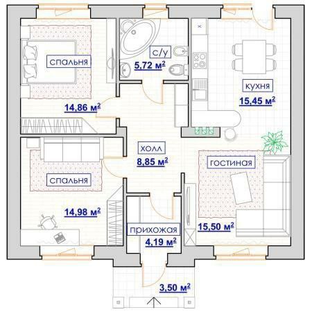 планировка одноэтажного дома с двумя спальнями