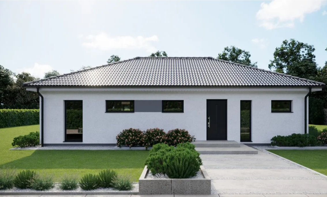 Одноэтажный дом серого цвета в современном стиле