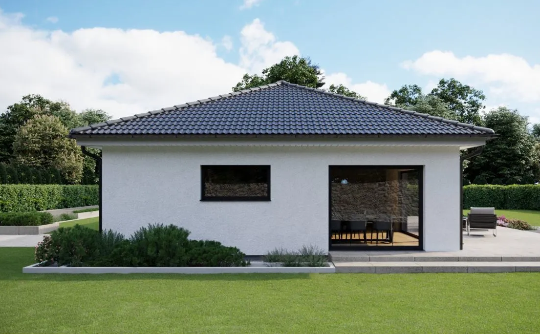 Одноэтажный дом серого цвета с панорамными окнами вид сбоку