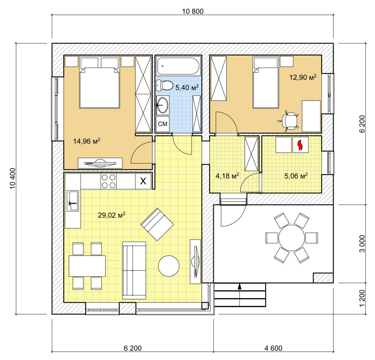 планировка одноэтажного дома с террасой до 100квм