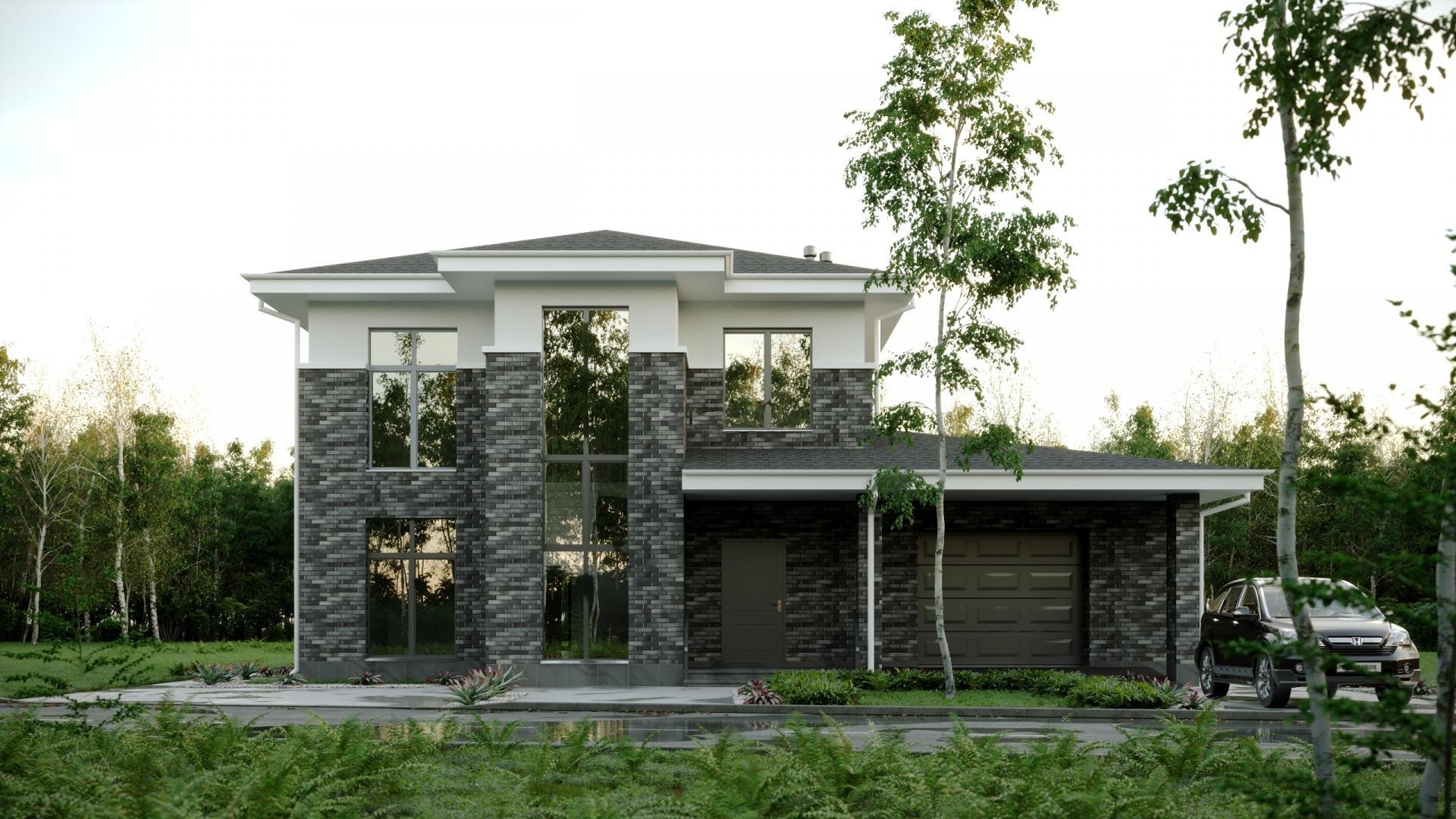 двухэтажный дом с гаражом и панорамными окнами