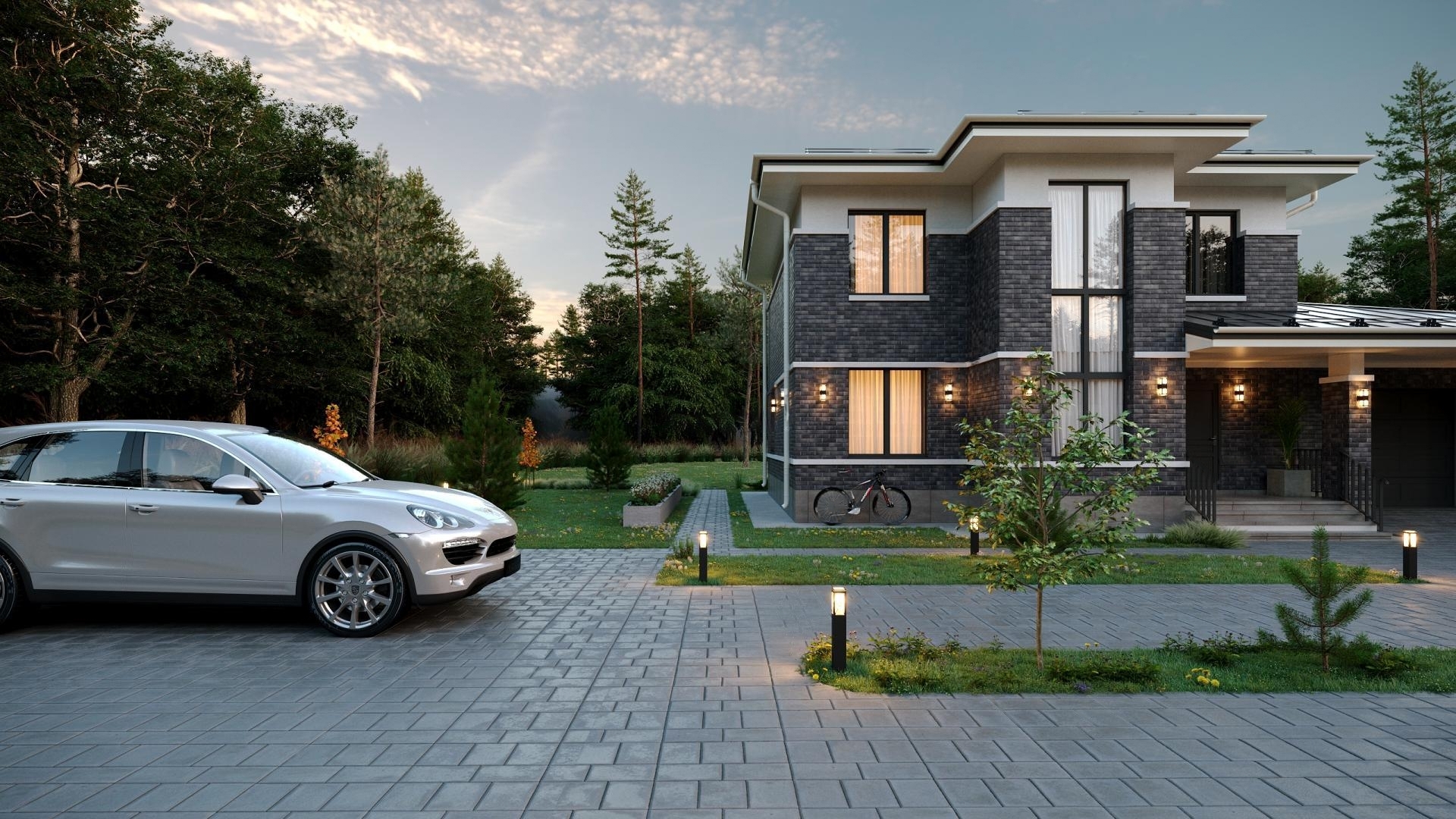 двухэтажный дом с встроенным гаражом и большими окнами