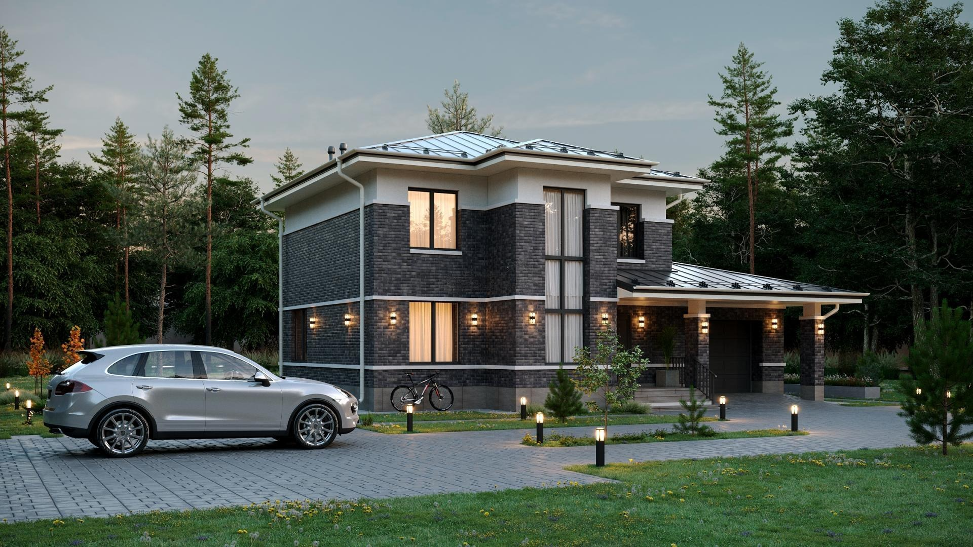 двухэтажный дом с гаражом и панорамными окнами до 200квм