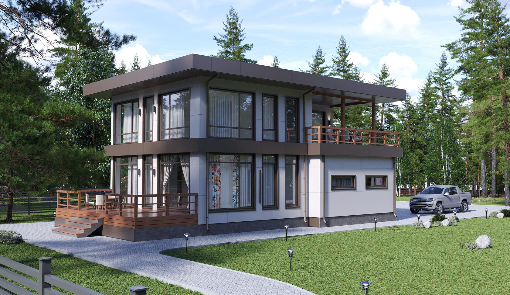 проект двухэтажный дом с плоской крышей, с гаражом и балконом