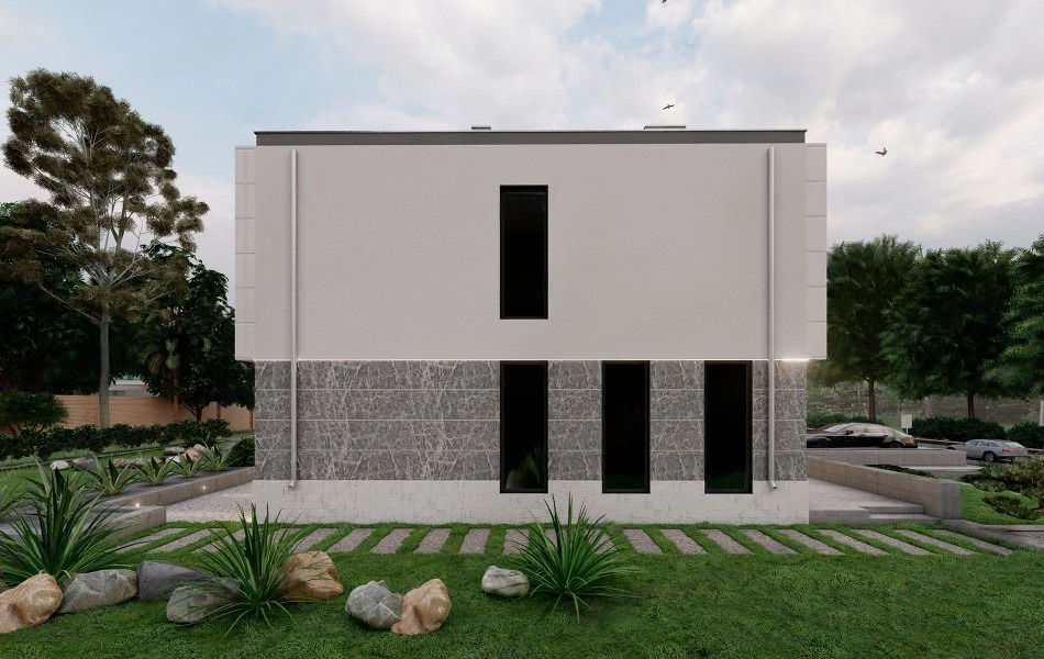 проект двухэтажный дом с плоской крышей и гаражом