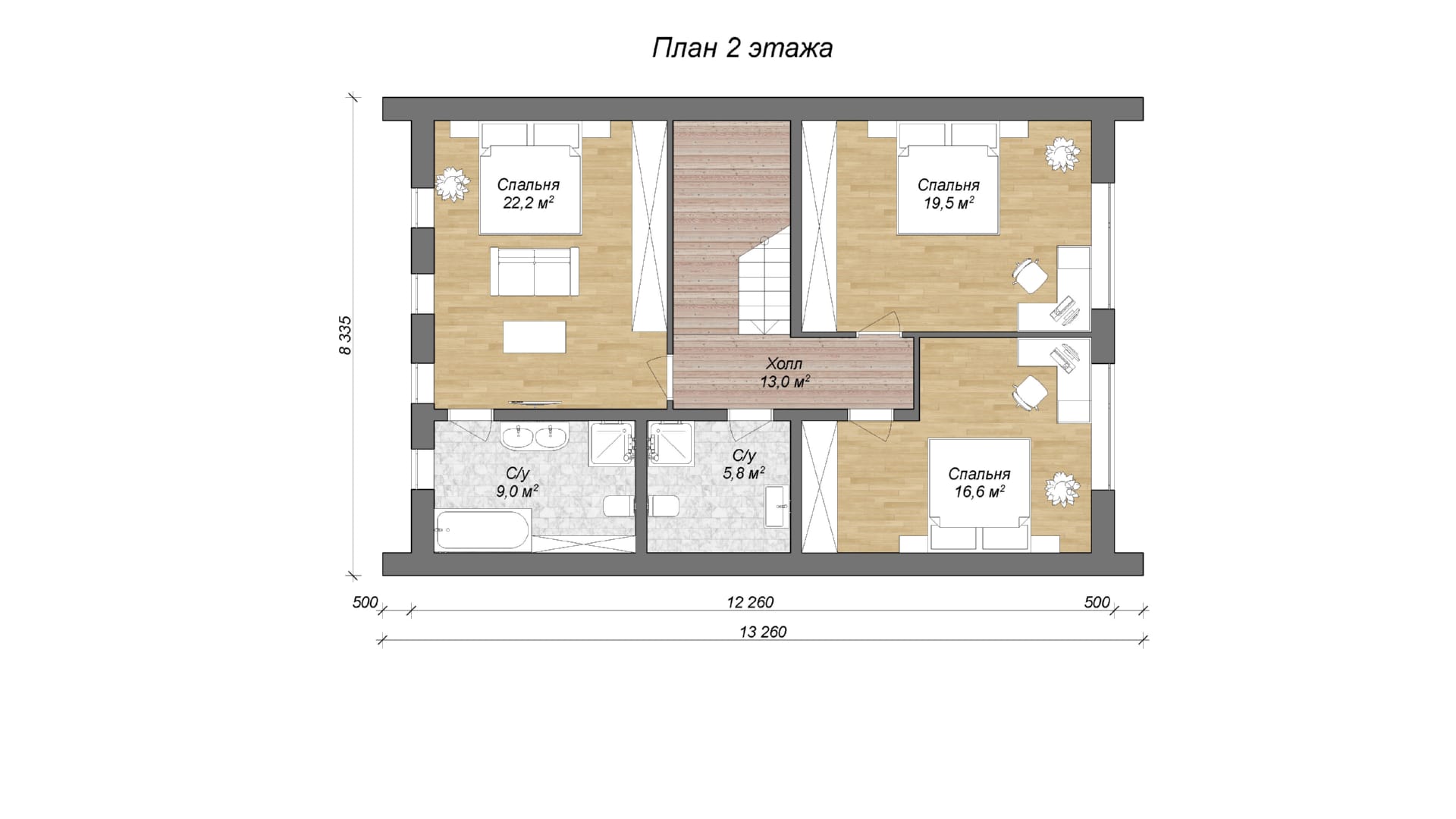 планировка 2 этажа двухэтажного дома барнхаус