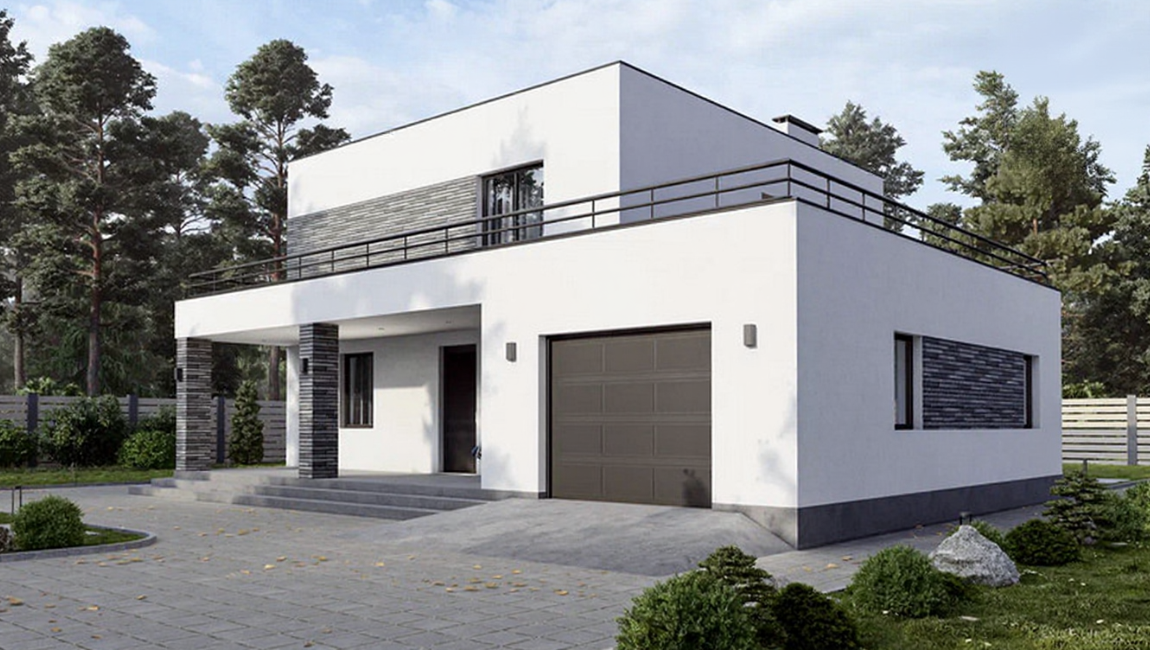 дом из газобетона с плоской крышей двухэтажный с гаражом на 1 машину