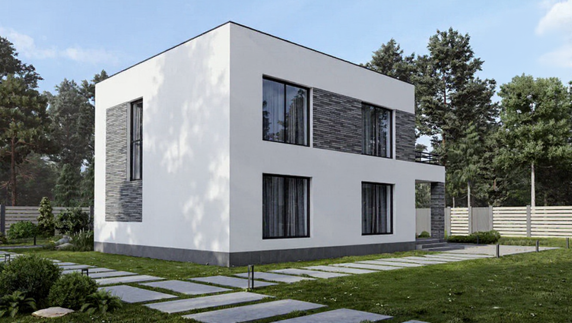 проект двухэтажного дома из газобетона с плоской крышей и гаражом