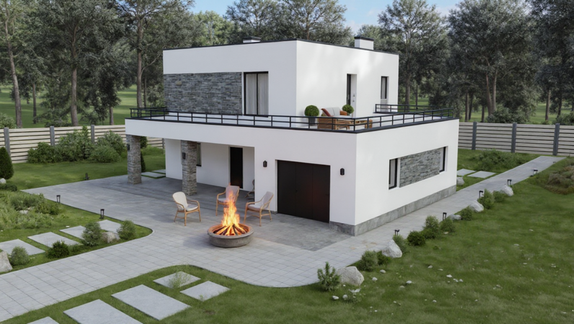 проект дома из газобетона двухэтажного с плоской крышей