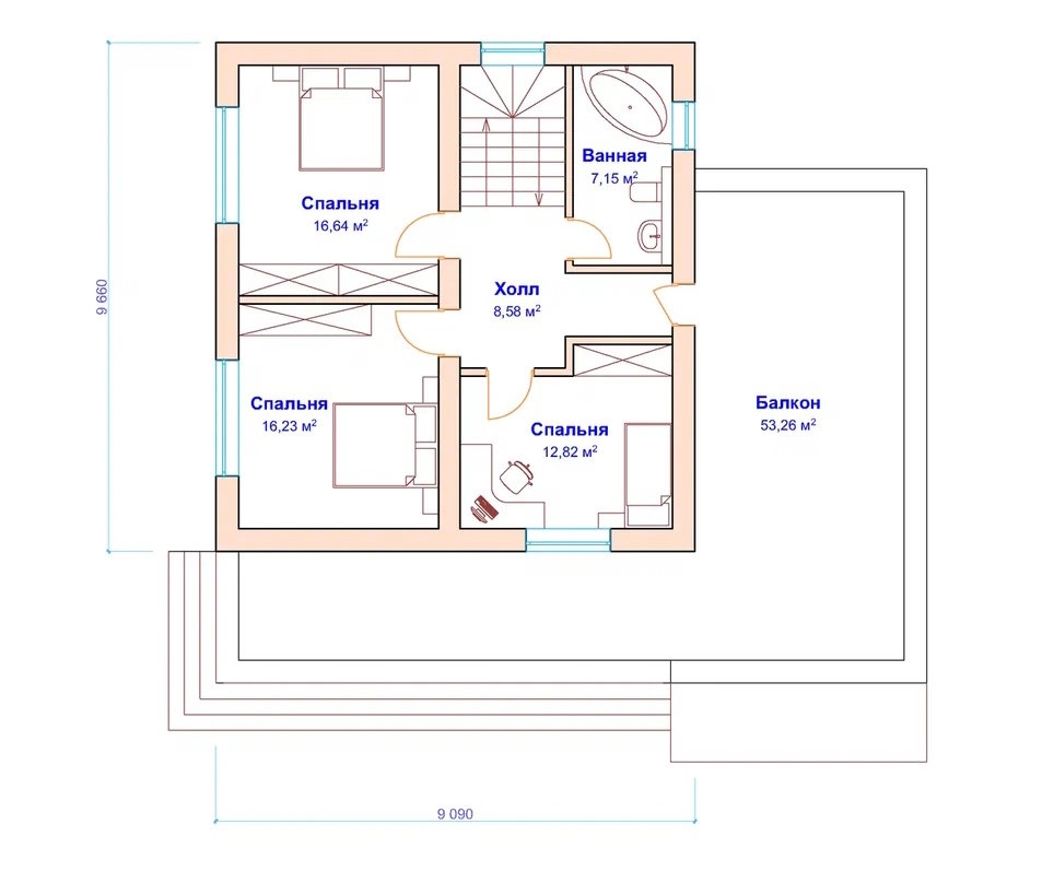 планировка 2 этажа  двухэтажного дома с плоской крышей