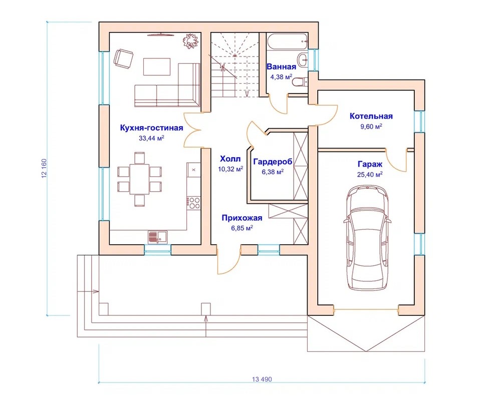 планировка 1 этажа  двухэтажного дома с плоской крышей